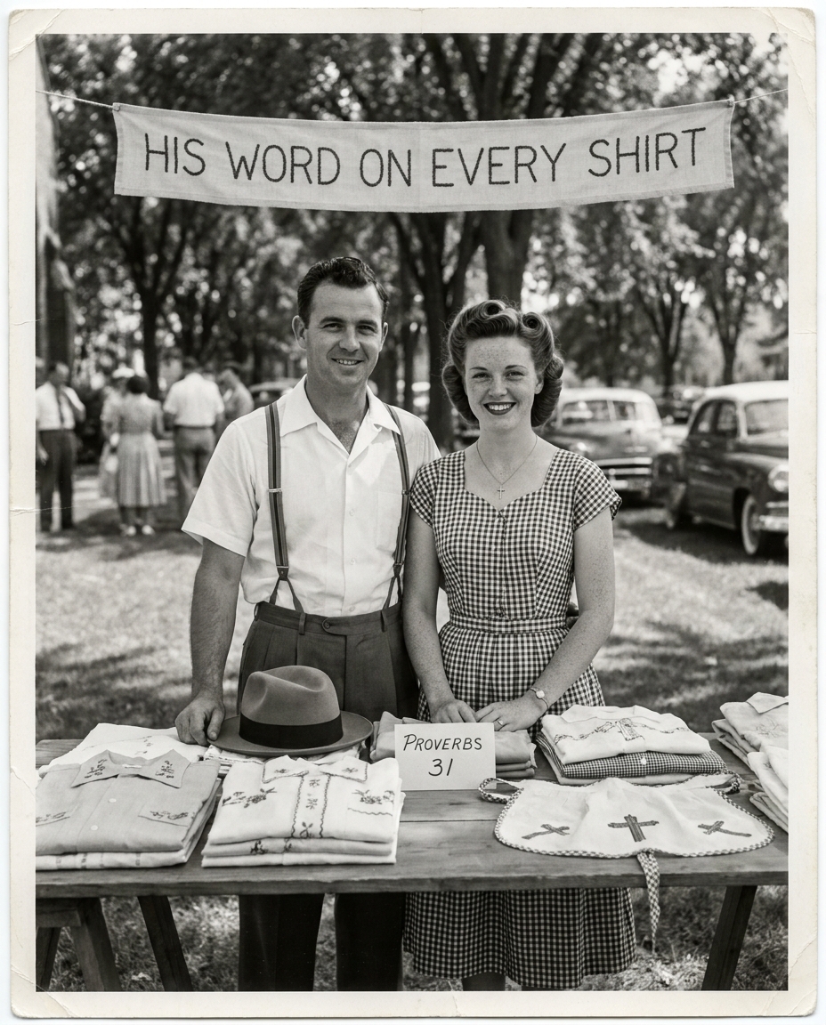 Black and white photo of Gram and Grandad selling hand-stitched faith clothing at a church bazaar in 1955