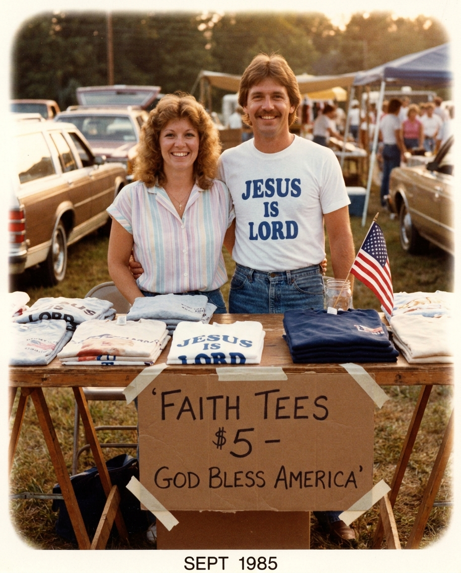 1980s film photo of Mom and Dad selling faith t-shirts at a flea market in 1985
