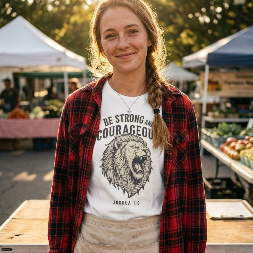 Our daughter at the farmers market stall today, wearing the Be Strong and Courageous tee