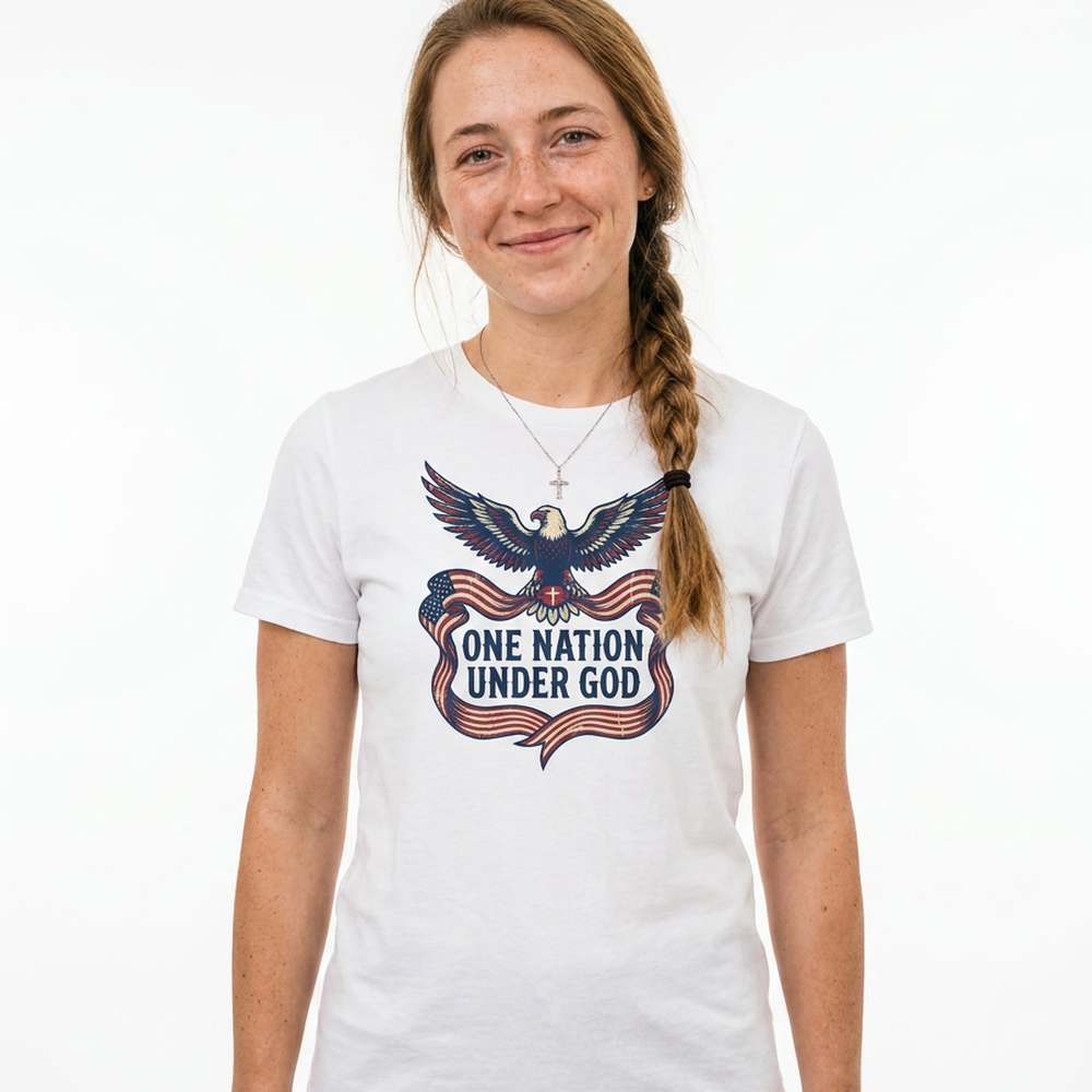One Nation Under God t-shirt worn by a model