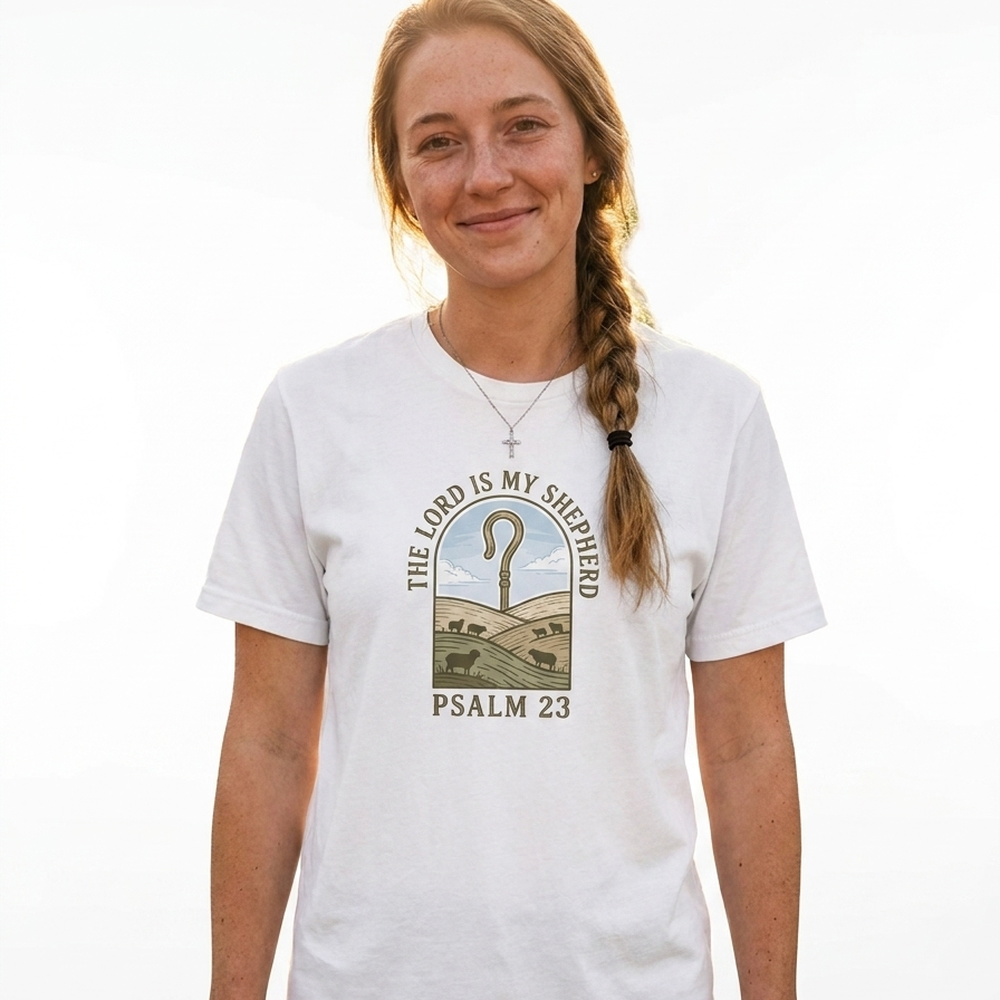 The Lord Is My Shepherd t-shirt worn by a model
